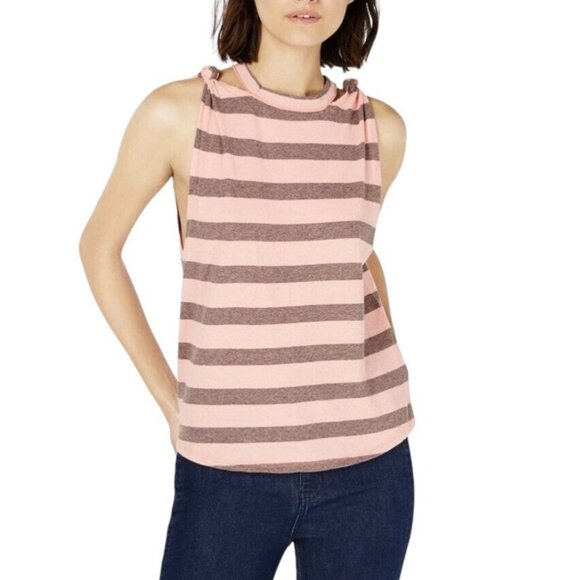 We The Free Twist Tank Top Sz L Peach Pink Black Colorblock Striped Muscle Tank - Picture 1 of 7